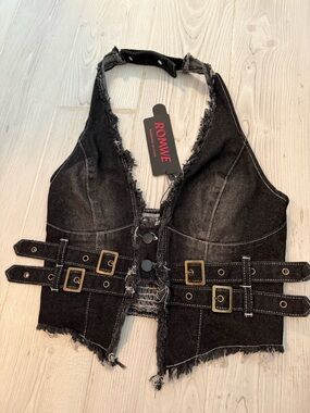 ROMWE Black Distressed Denim Buckle Halter Vest Top